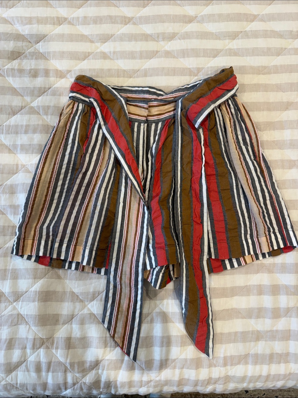 Striped Tie-Waist Shorts in chestnut, Red, Cream & Navy